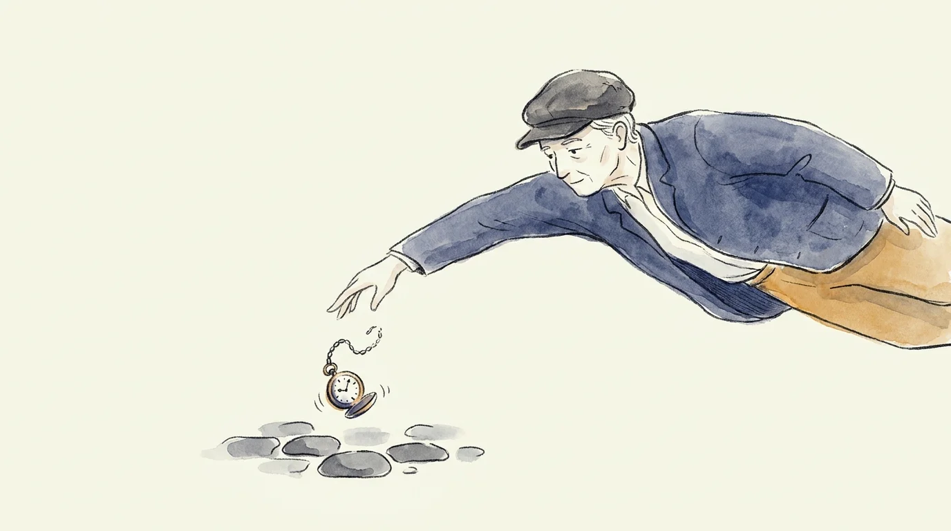 Ink and watercolor illustration of an older adult gracefully catching a falling pocket watch just before it hits the ground.