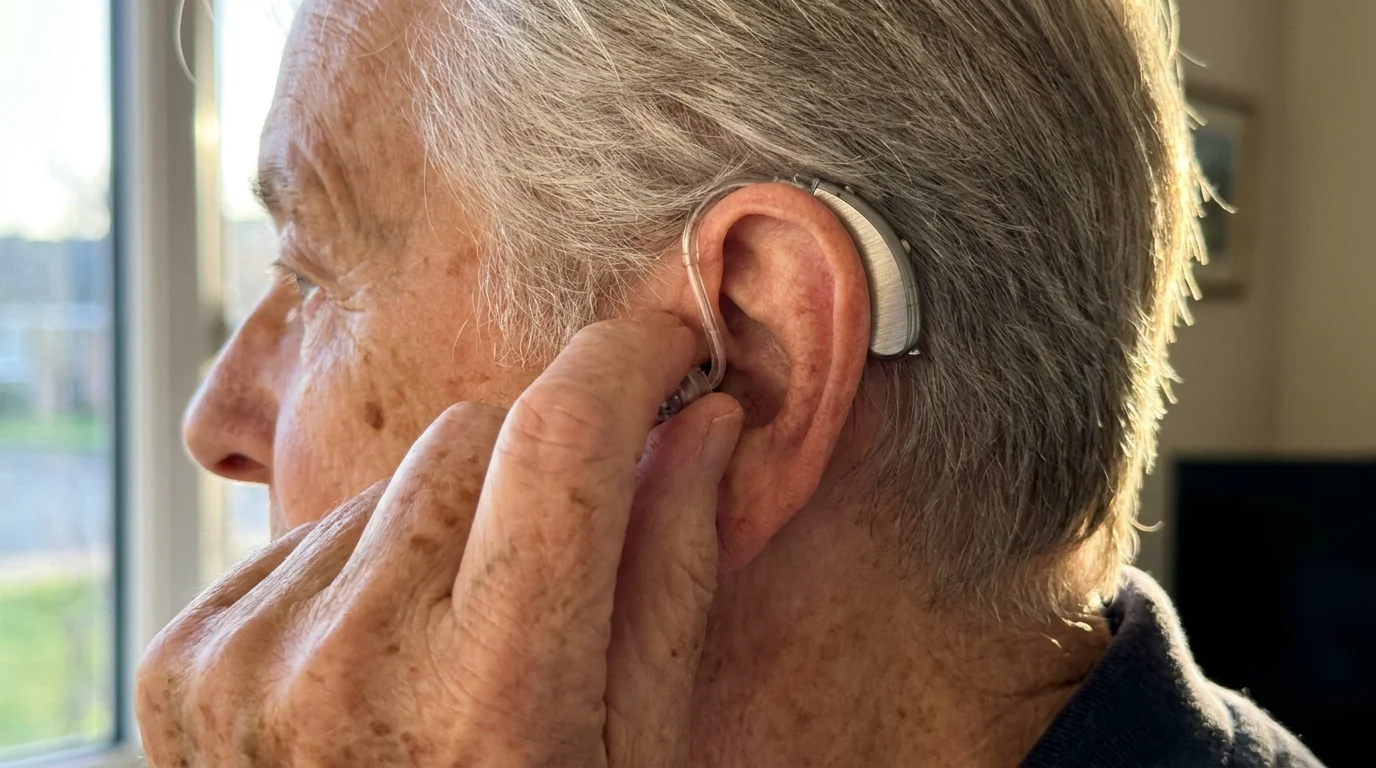 Macro photograph of an older adult's hand adjusting a small, modern hearing aid.