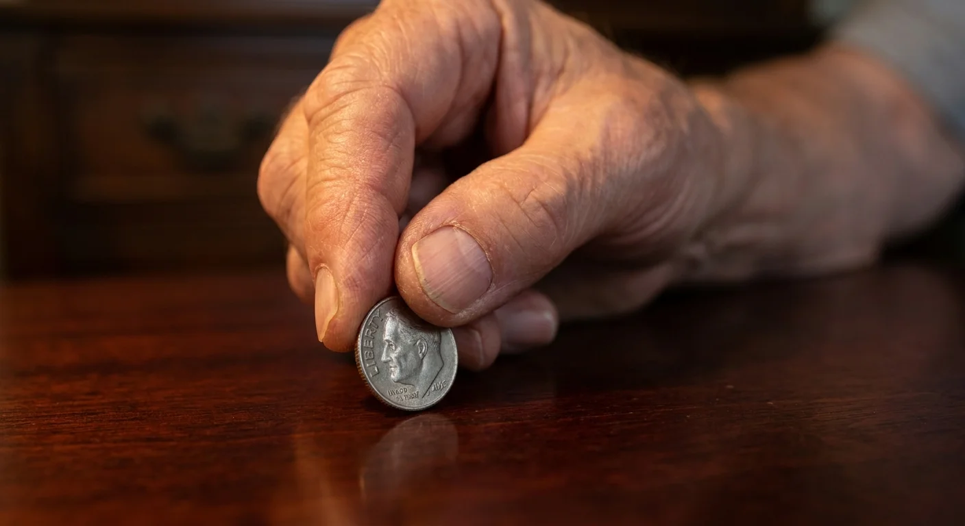 Macro shot of a thumb and forefinger picking up a silver dime from a wooden surface.