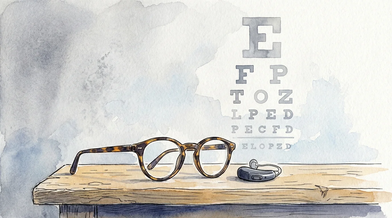 Minimalist illustration of eyeglasses and a hearing aid on a table, symbolizing sensory health.