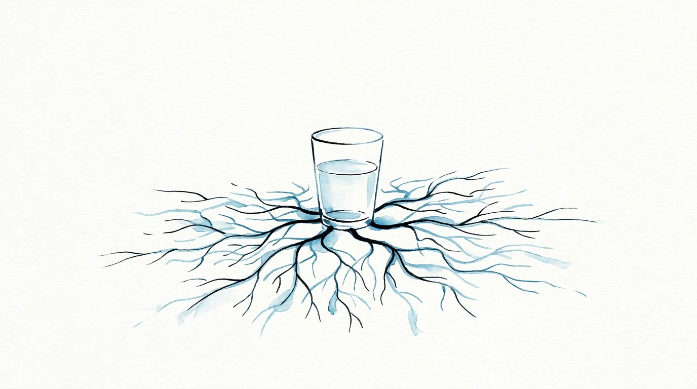 Minimalist watercolor of a glass of water with blue roots spreading out like neural pathways.