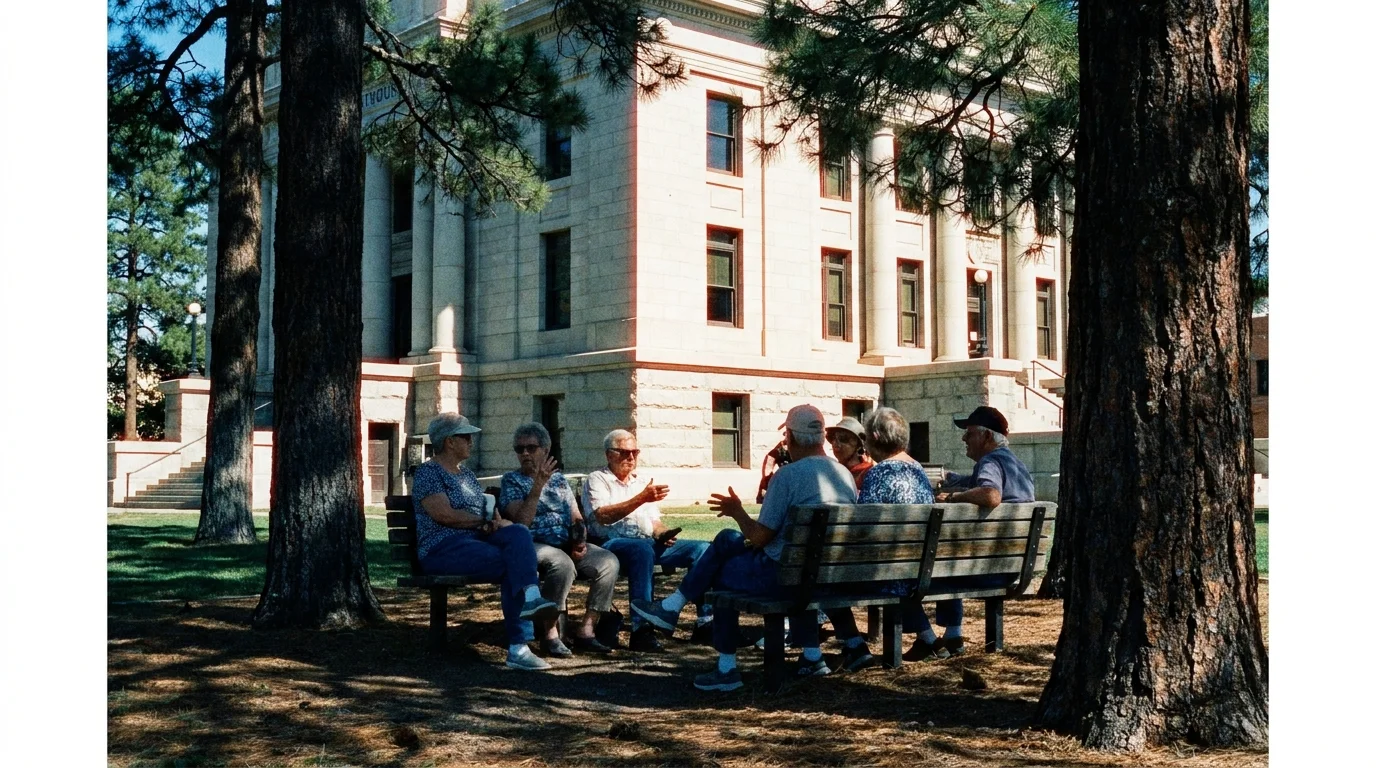Older adults sitting on a bench in the shaded courthouse plaza in Prescott, Arizona.