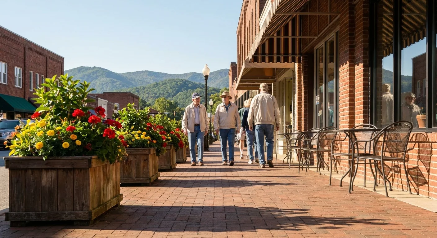 Pedestrians walk along a wide, brick-lined sidewalk in downtown Hendersonville with mountains visible in the distance.