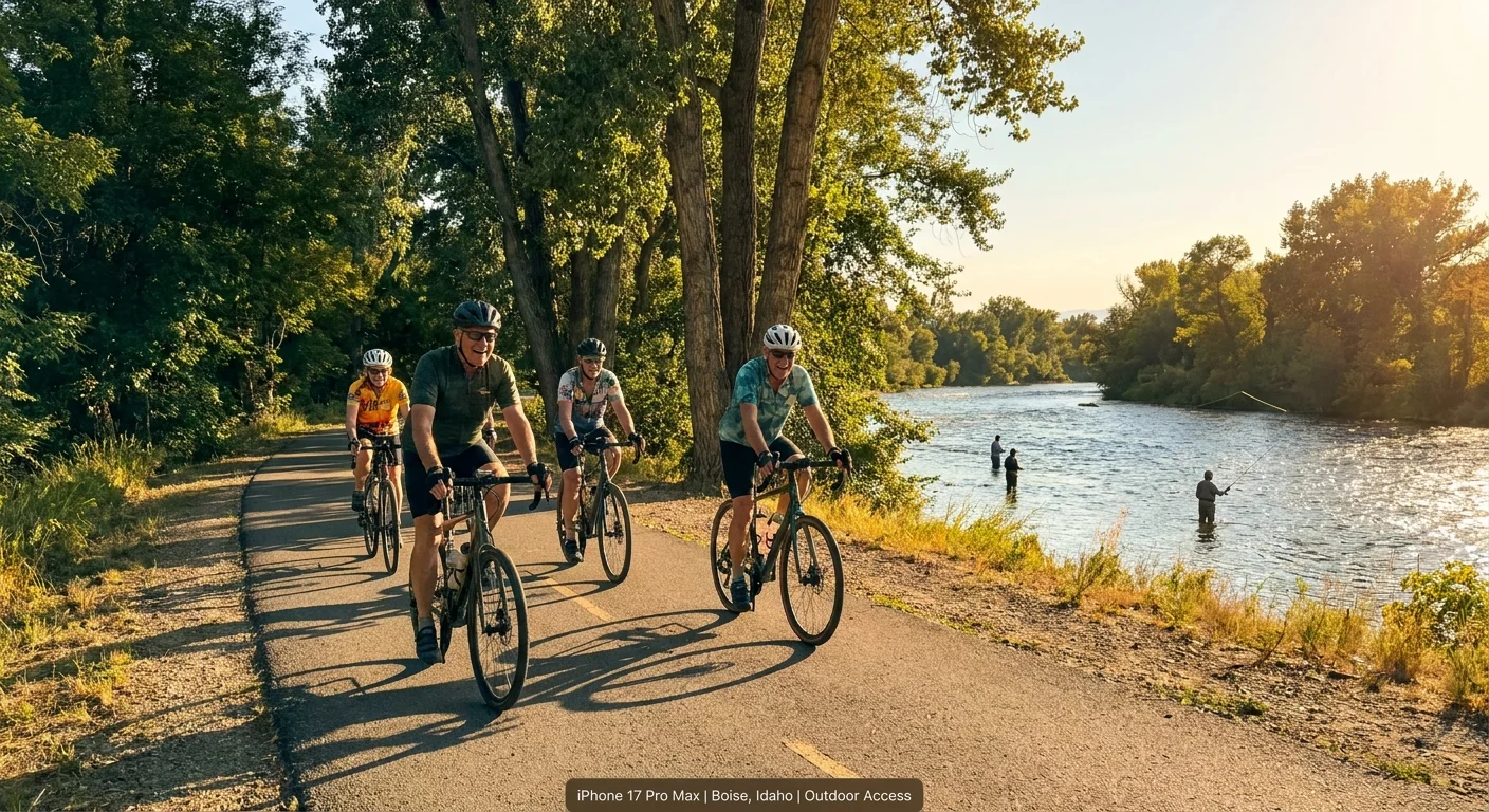 Retirees cycle along the Boise River Greenbelt, showcasing the city's extensive outdoor recreation options.