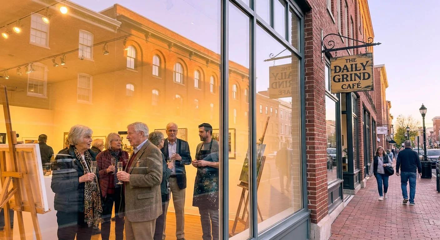 Retirees enjoy an art gallery opening in downtown Lancaster, Pennsylvania, showcasing the city's vibrant cultural scene.