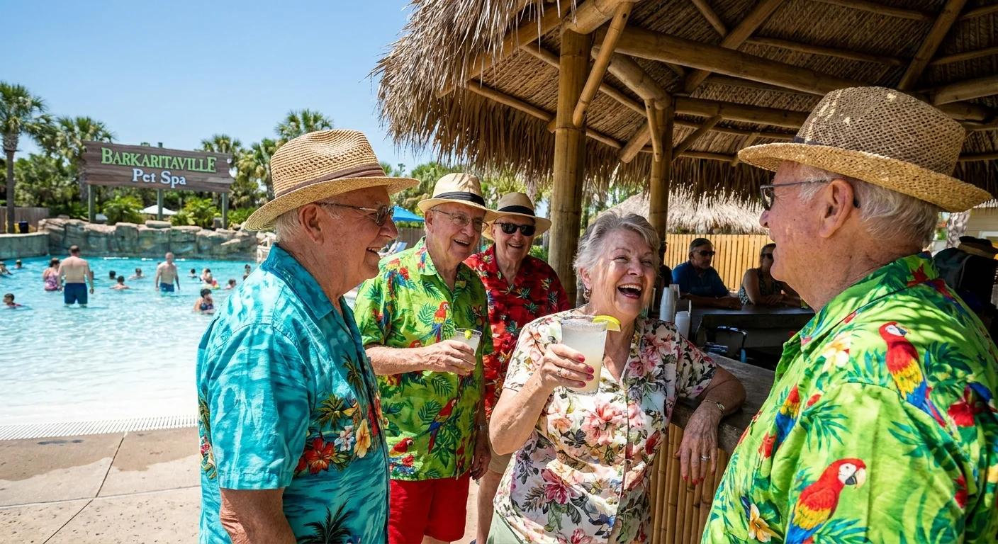 Retirees in Hawaiian shirts enjoy drinks at a poolside tiki bar at a Margaritaville-themed community.