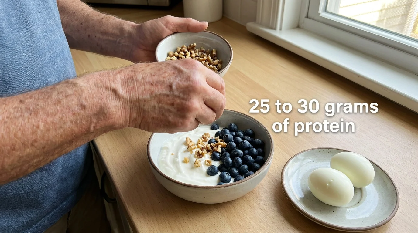 Senior hands preparing a bowl of Greek yogurt with nuts and berries, labeled with '25 to 30 grams of protein'.