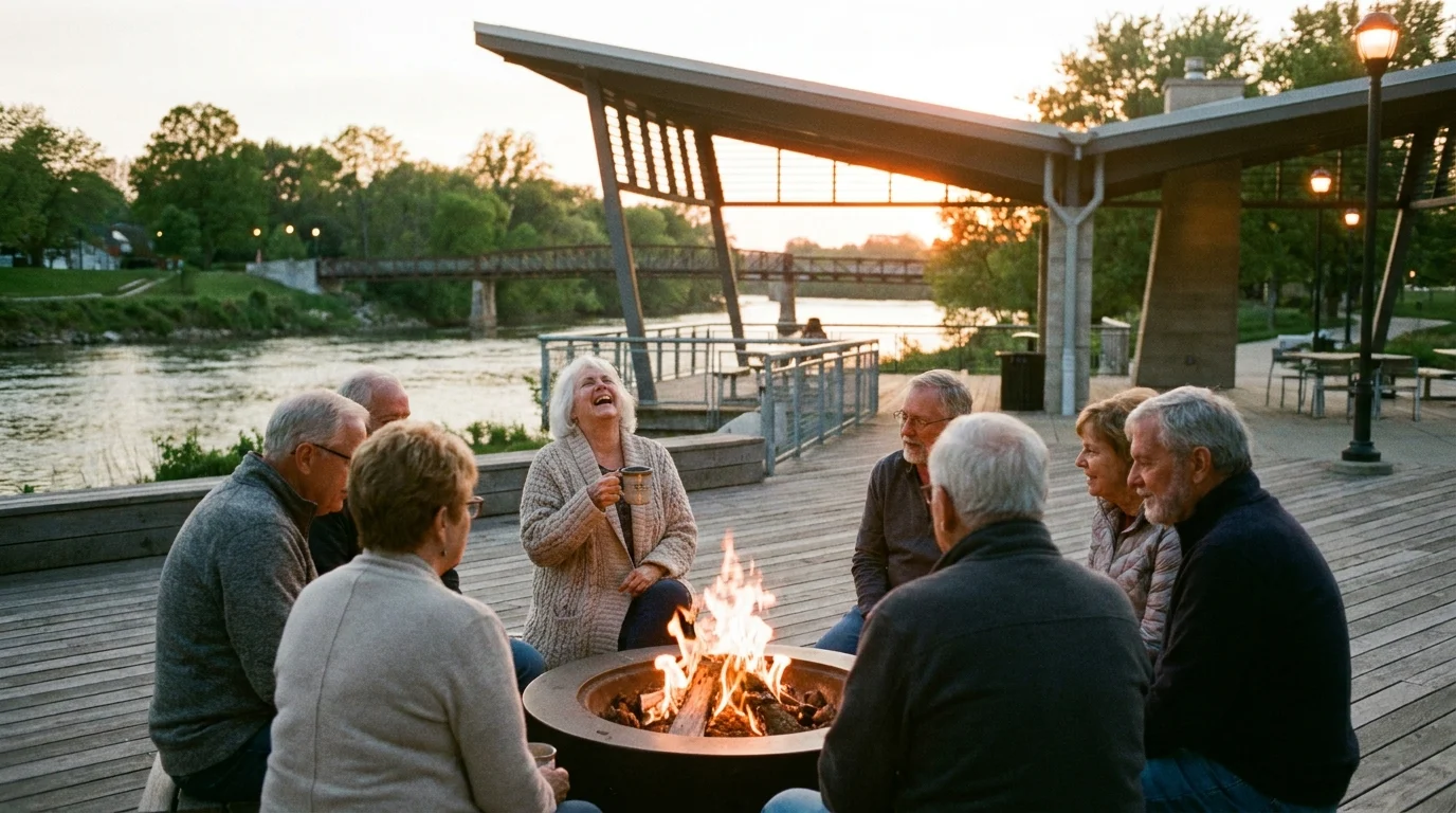 Seniors gather around a fire pit at the riverfront Promenade Park in Fort Wayne, Indiana, during a warm sunset.