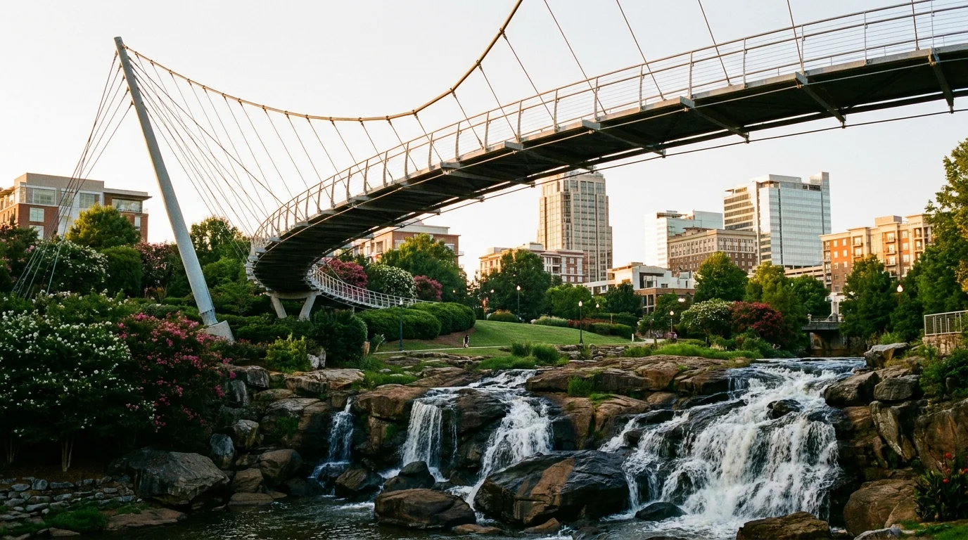 The Liberty Bridge suspension walkway over waterfalls in a lush downtown park in Greenville.