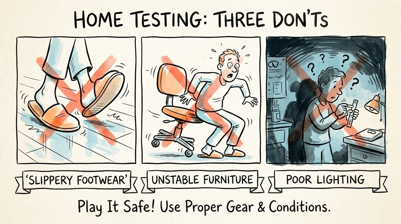 Three illustrations showing common mistakes: wearing slippers, using a chair with wheels, and testing in low light.