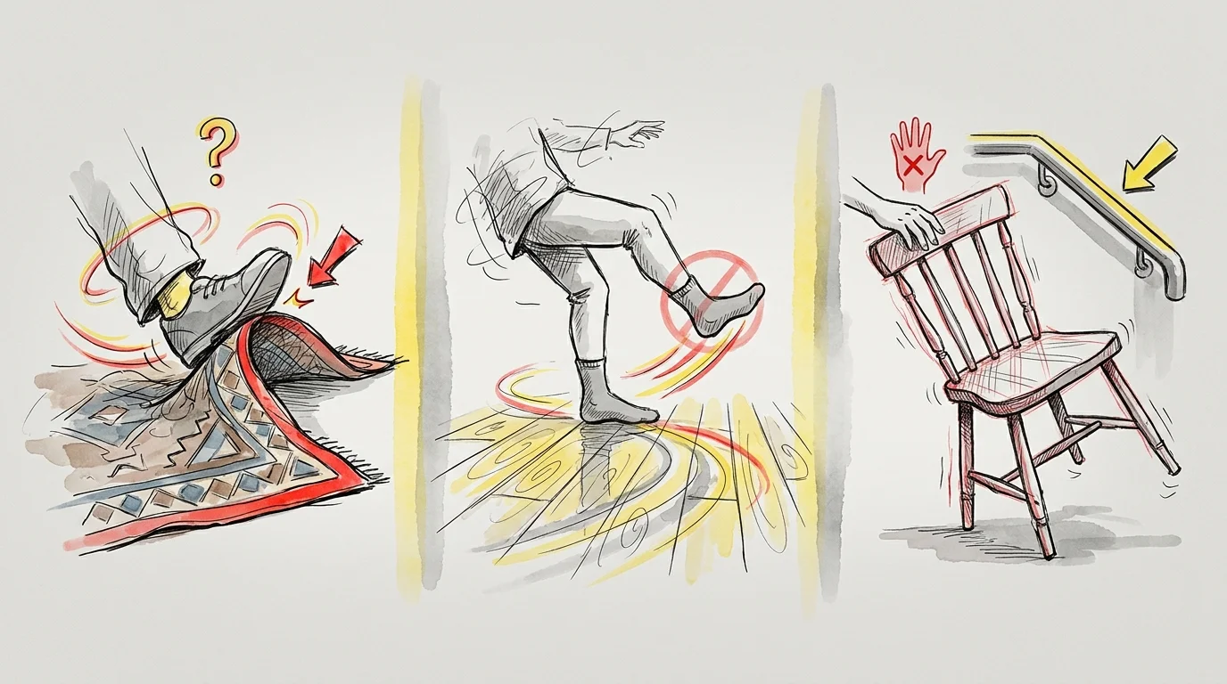 Three watercolor vignettes showing common trip hazards like loose rugs, slippery floors, and unstable furniture.