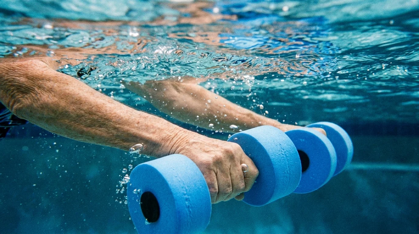 Two blue foam dumbbells being held under the water by a person performing arm curls.