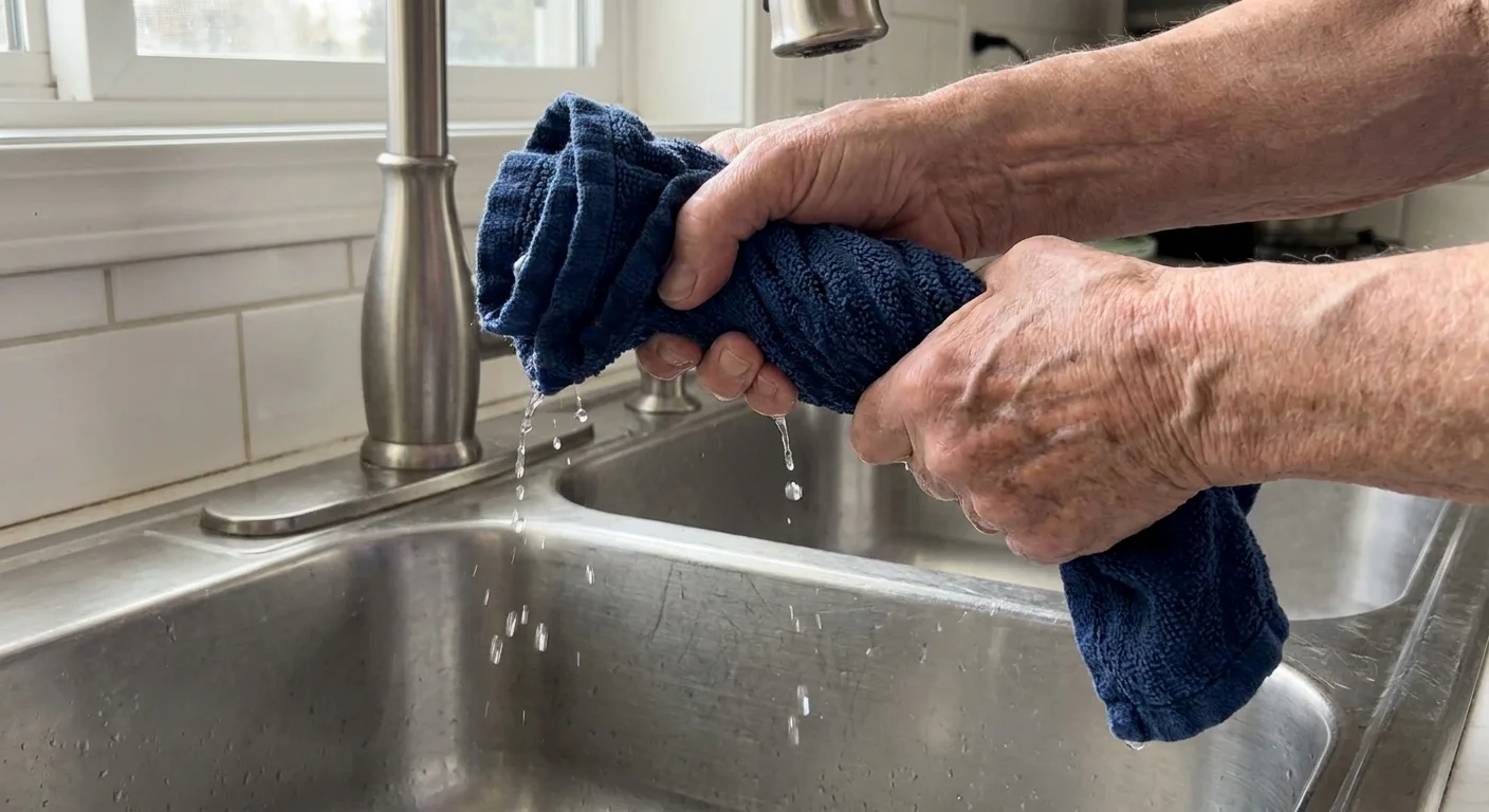Two hands wringing a wet blue towel over a kitchen sink, showing wrist and grip rotation.