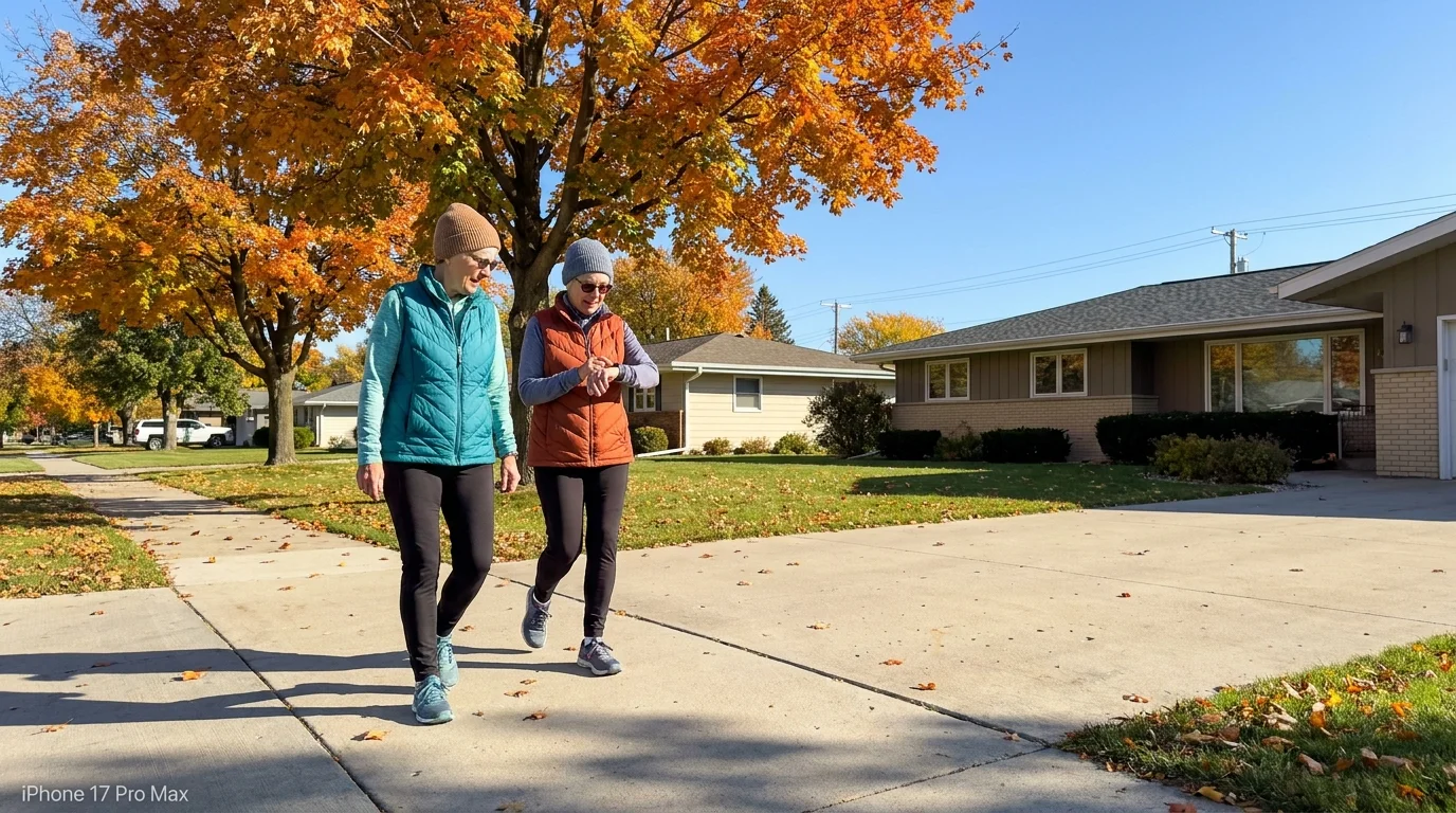 Two senior women walk through a clean, safe Fargo neighborhood with vibrant autumn leaves, highlighting the city's quality of life.