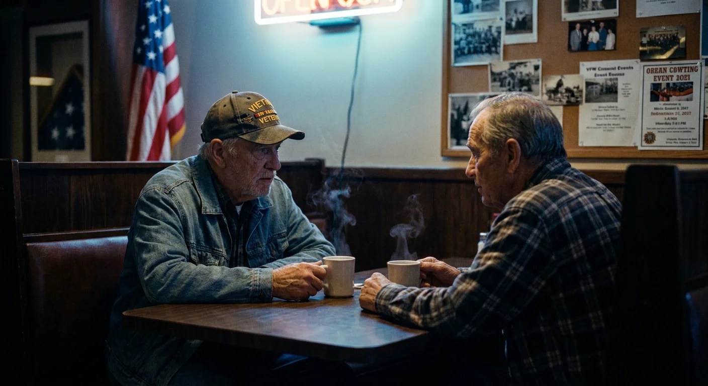 Two veterans in conversation at a local VFW post, with one wearing a veteran's cap and an American flag in the background.