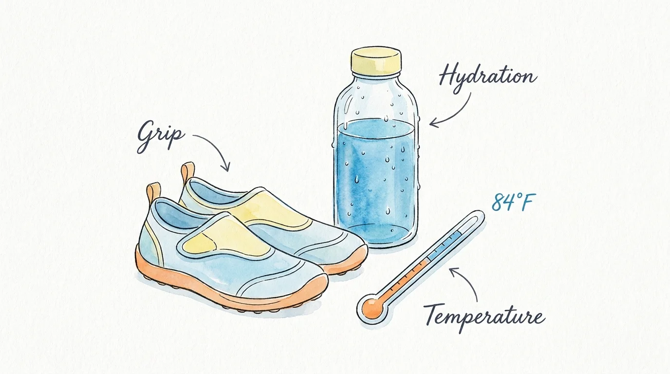 Watercolor illustration of pool shoes, a water bottle, and a thermometer, representing pool safety and hydration.