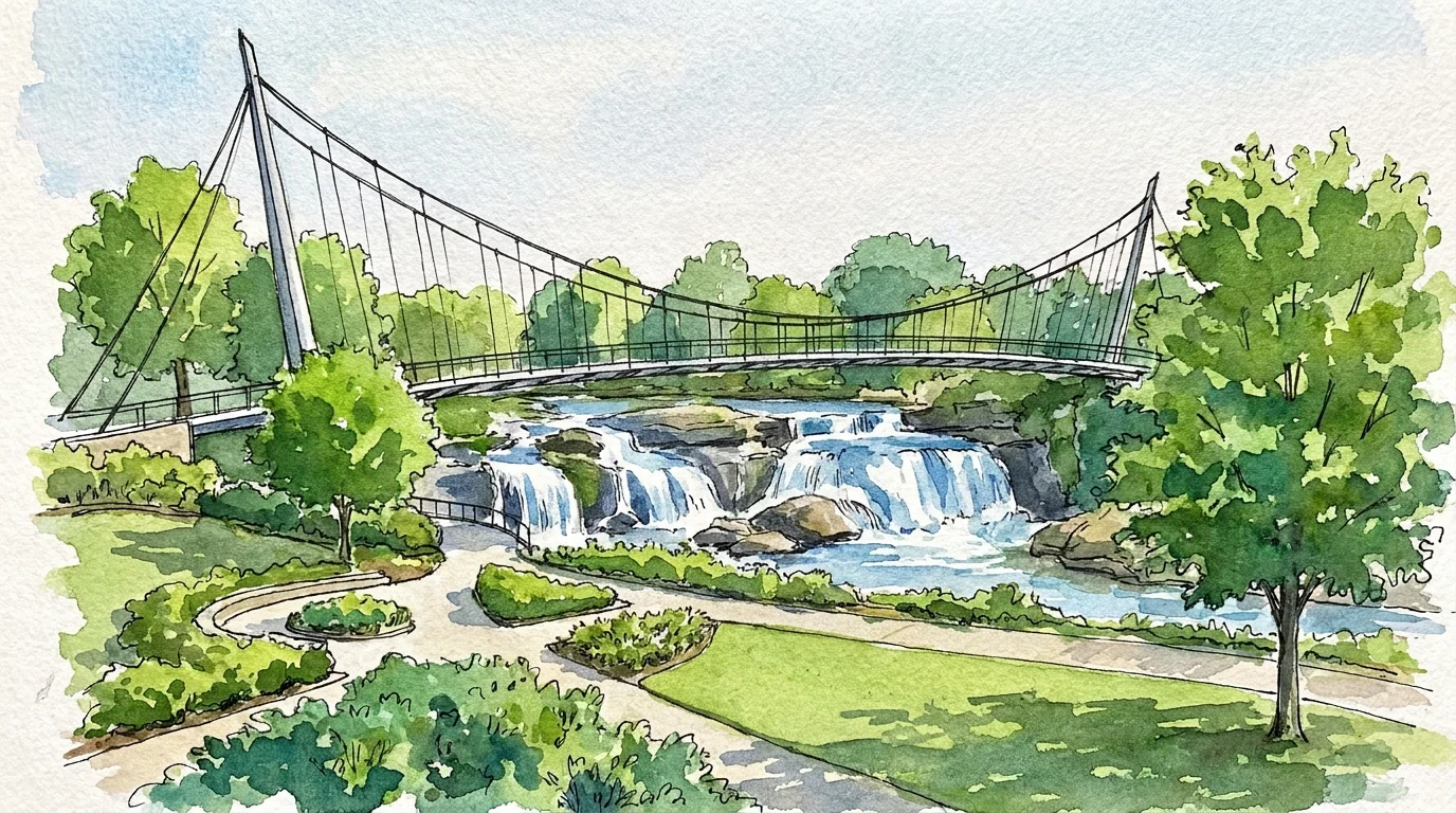 Watercolor illustration of the iconic suspension bridge and waterfall at Falls Park in Greenville, South Carolina.