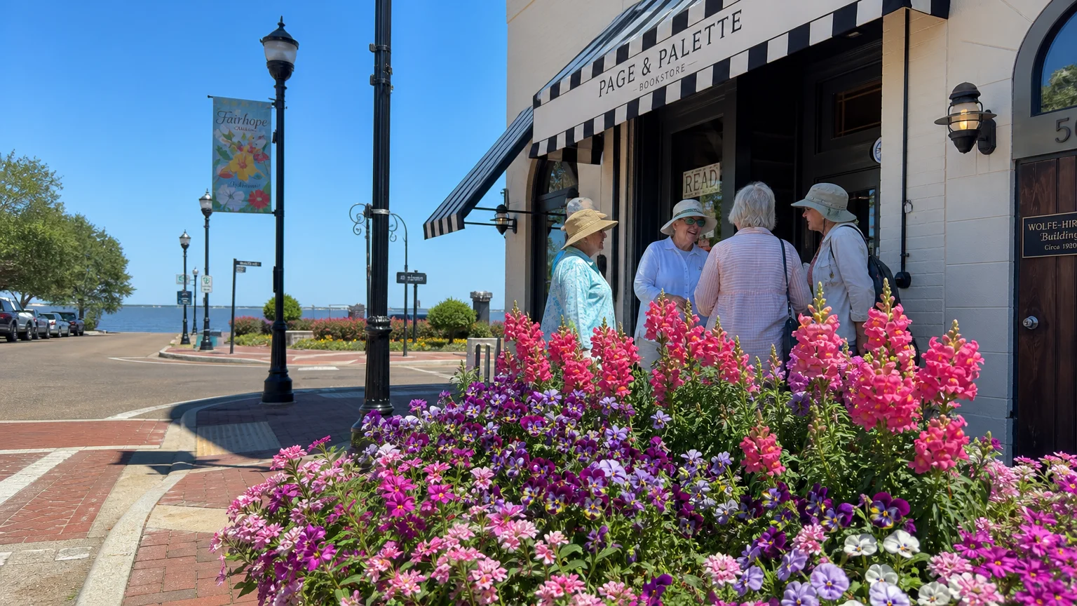 A bright, candid photo of a flower-lined street in Fairhope, Alabama, with the bay visible in the distance.