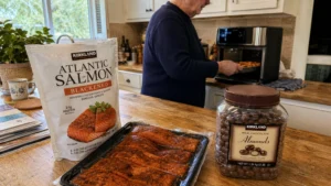 A candid kitchen scene showing a senior preparing Kirkland Signature blackened salmon and crispy wings on a wooden counter.