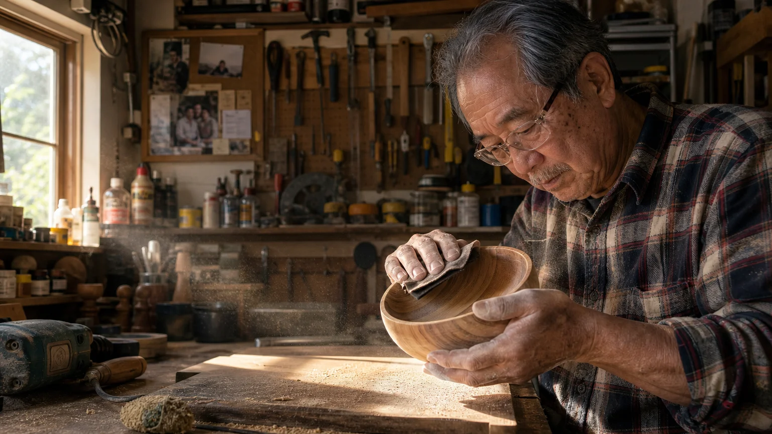 A candid photo of an older Asian man working in his home woodworking studio in the warm afternoon sun.
