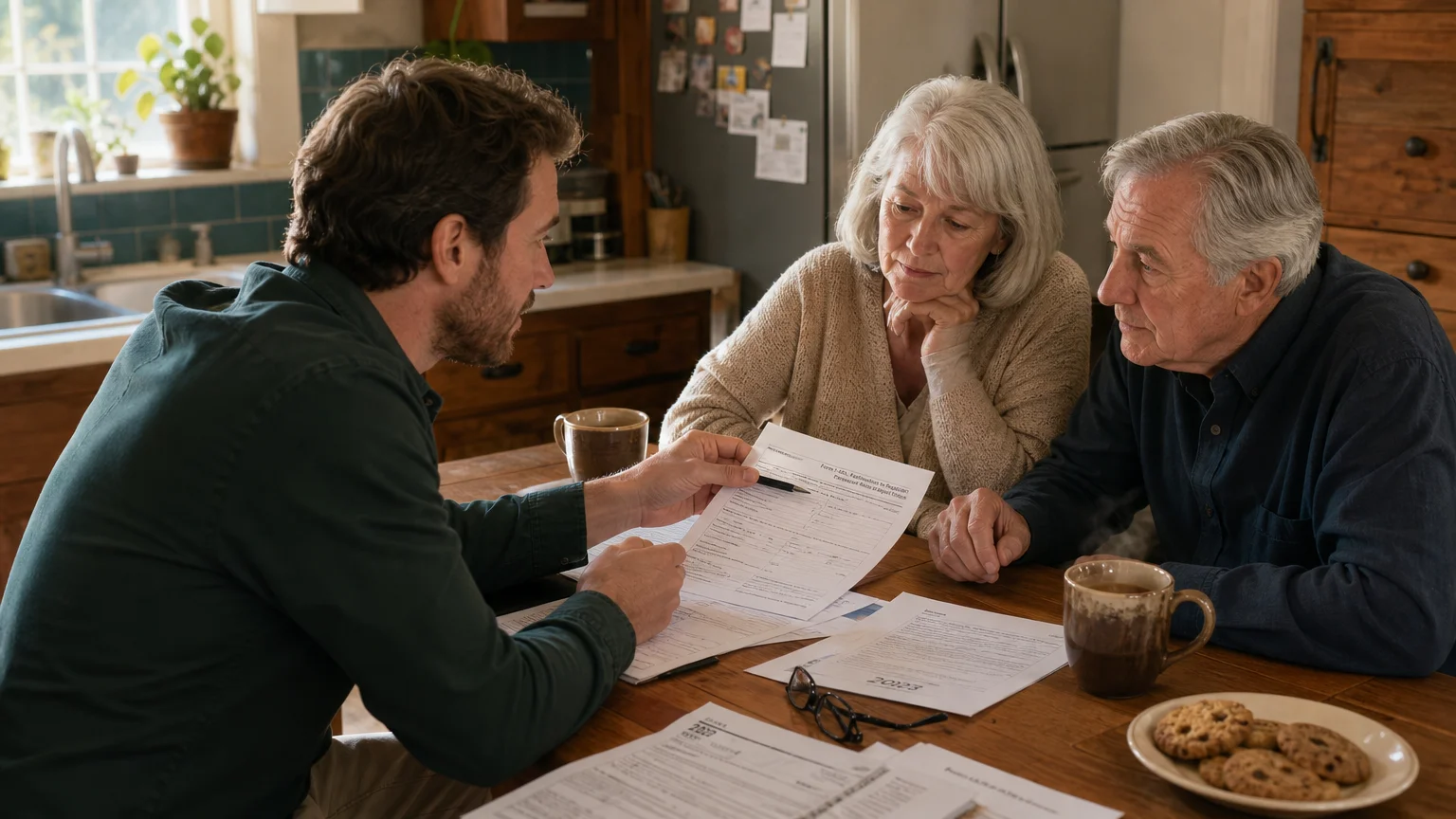 A candid photo of an older couple discussing paperwork with an advisor at their rustic kitchen table.