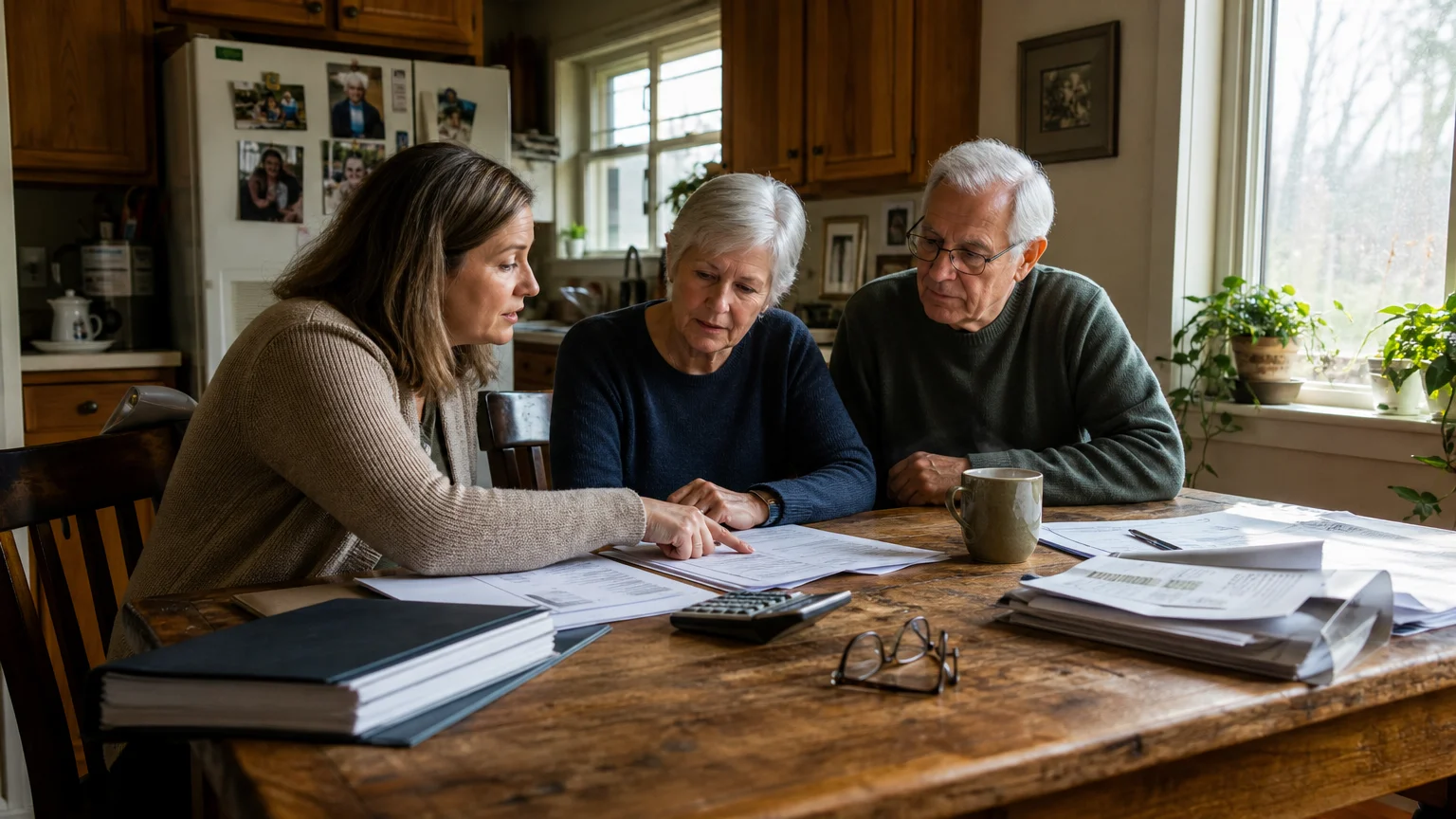 A candid photograph of an older couple and an advisor reviewing paperwork at a cozy kitchen table.