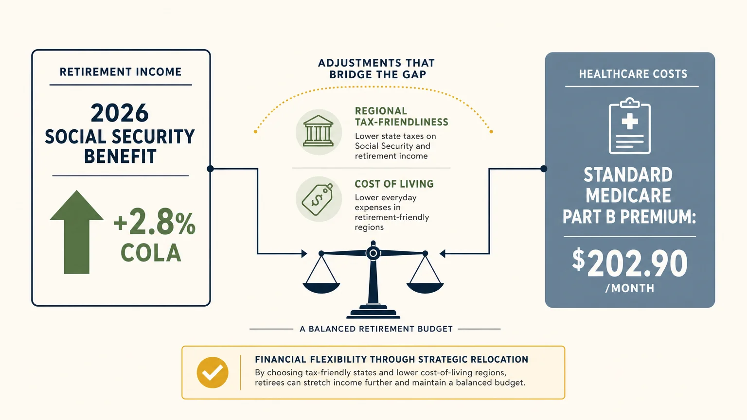 A clean financial diagram showing the relationship between a 2.8% COLA Social Security increase and the $202.90 Medicare Part B premium.