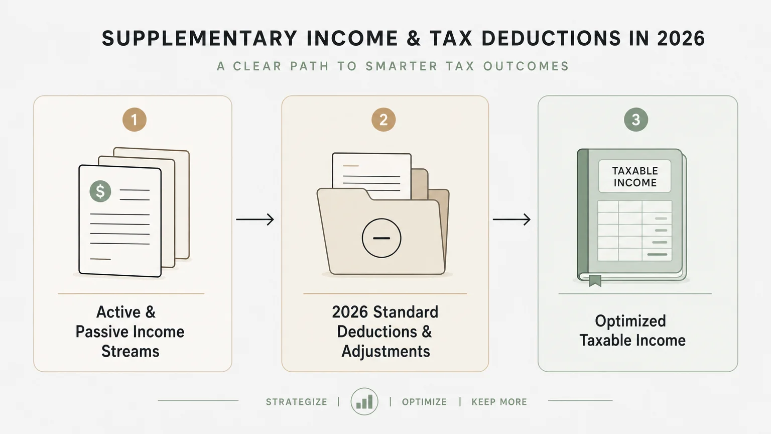 A clean horizontal flowchart demonstrating how extra income streams are offset by 2026 standard tax deductions.