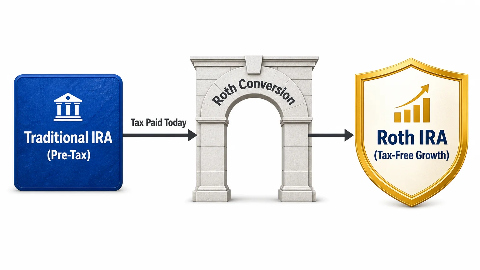 A clean horizontal flowchart mapping the transition from a pre-tax Traditional IRA to a tax-free Roth IRA.