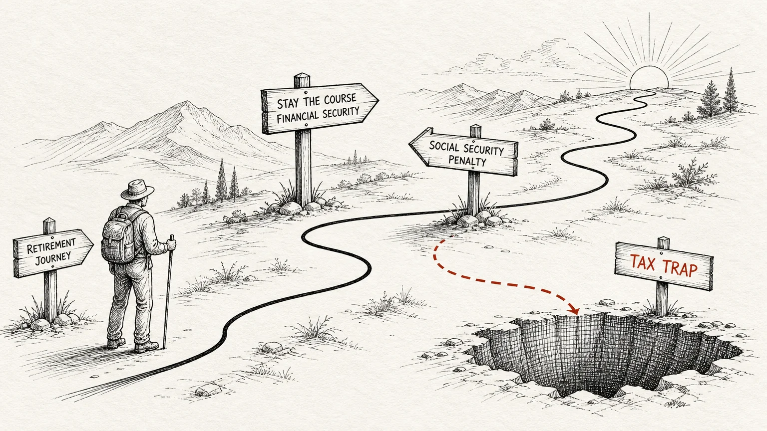 A clean line art ink drawing of a path winding safely past warnings labeled 'Tax Trap' and 'Social Security Penalty'.