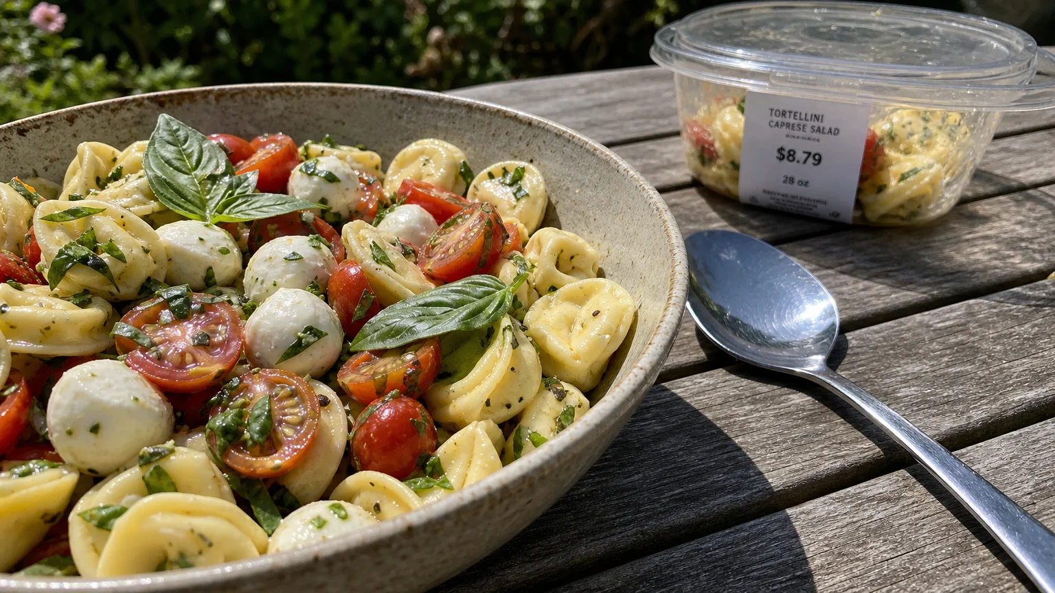 A close-up of a fresh tortellini pasta salad with cherry tomatoes and mozzarella pearls in a ceramic bowl on an outdoor wooden table.