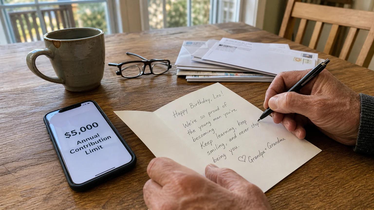 A close-up of a kitchen table with a birthday card and a phone showing the $5,000 annual contribution limit for Trump Accounts.