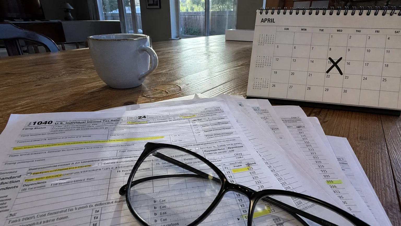 A close-up of a kitchen table with reading glasses, highlighted tax forms, and a crossed-out date on a calendar in soft morning light.