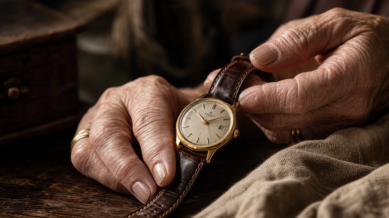 A close-up of a senior woman's hands holding and examining a vintage gold watch under soft window light.