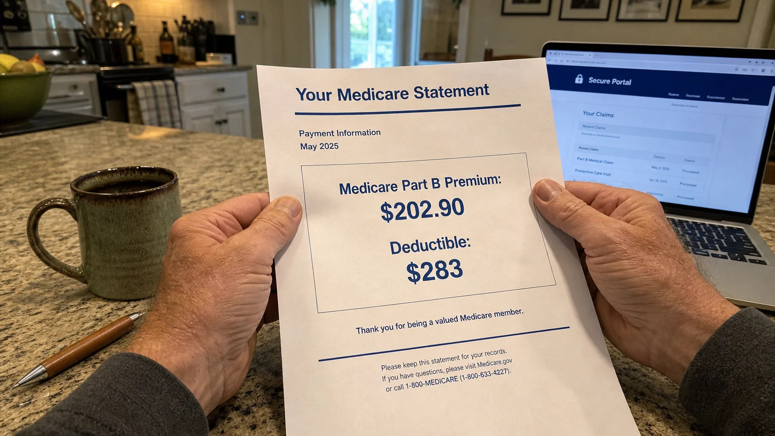 A close-up of a senior's hands holding a printed Medicare bill detailing the new standard Part B premium and deductible.
