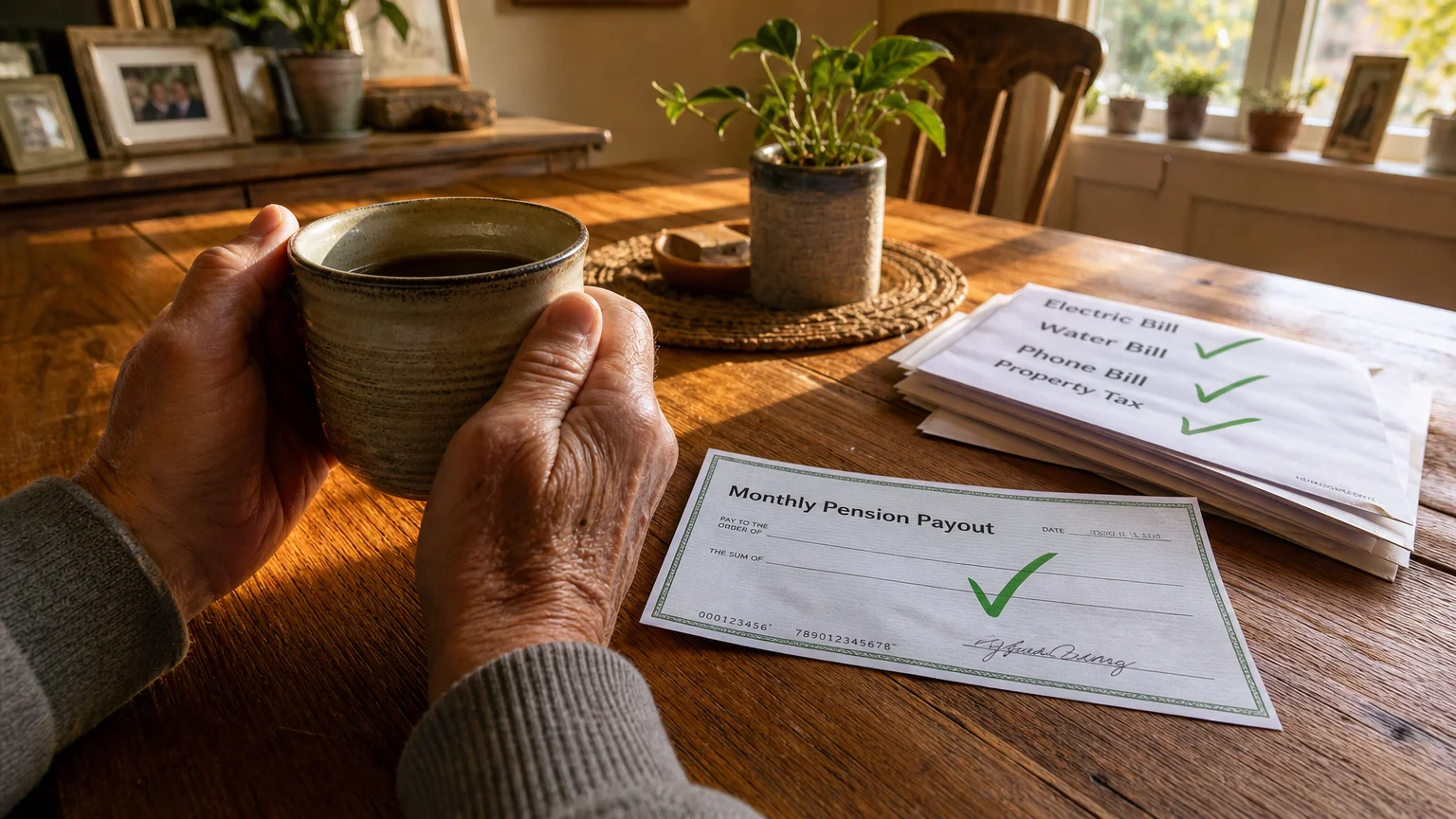 A close-up of hands holding a warm mug at a wooden kitchen table next to a check labeled 'Monthly Pension Payout'.
