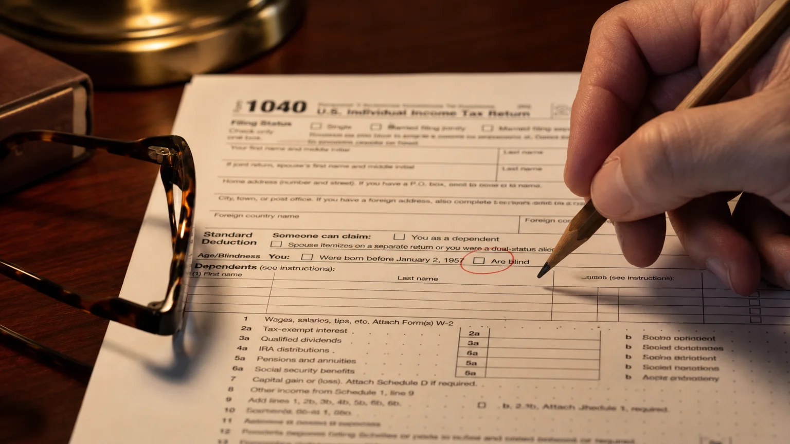 A close-up photo of a hand with a pencil hovering over a tax form with a circled checkbox, next to reading glasses.