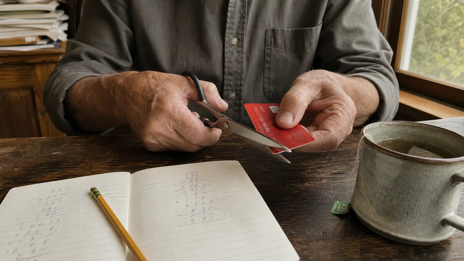 A close-up photograph of a senior cutting a credit card in half at their desk, taking active control of high-interest debt.