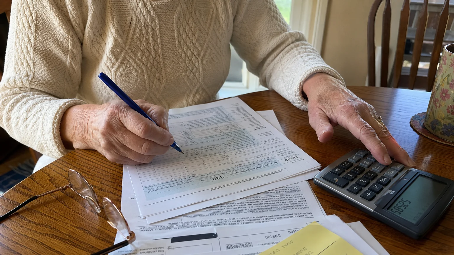 A close-up photograph of a senior's hands filling out tax forms at a wooden table with a calculator and glasses nearby.