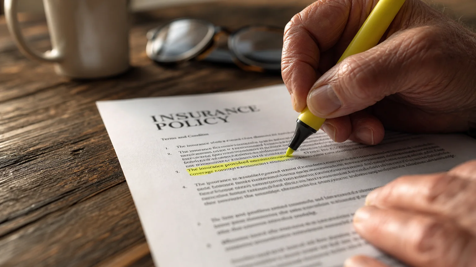 A close-up shot of an older adult's hands highlighting details in a dense financial document on a wooden table.