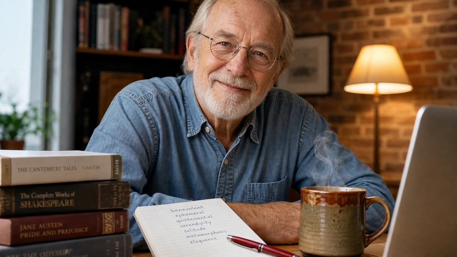 A close-up shot of an older male tutor smiling warmly at his computer screen during a virtual tutoring session.