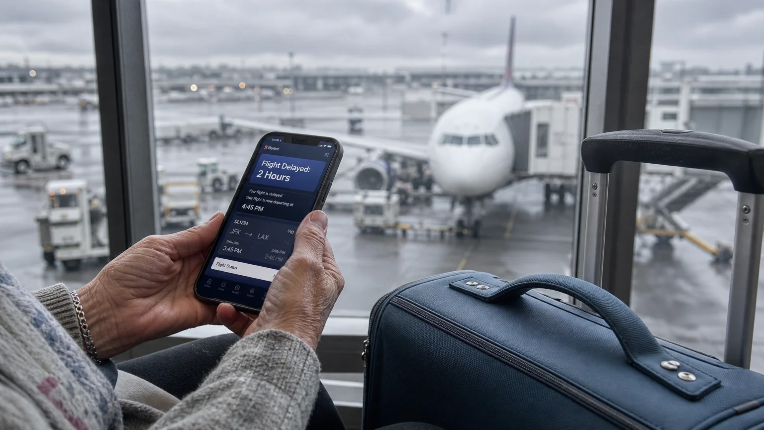 A close-up shot of an older traveler's hands holding a phone displaying a flight delay notification in an airport terminal.
