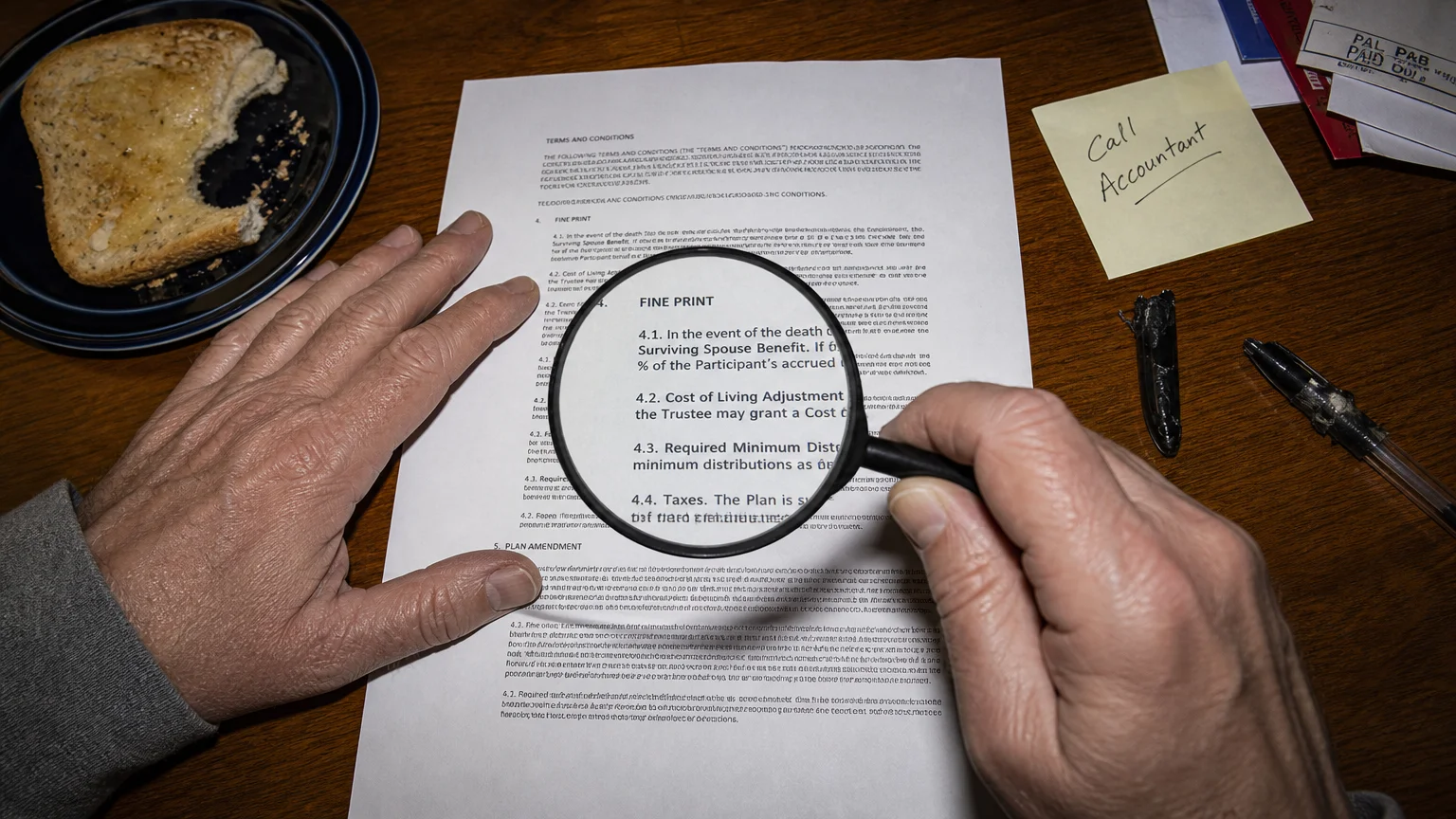 A close-up snapshot of an older person using a magnifying glass to read the fine print on a pension contract.