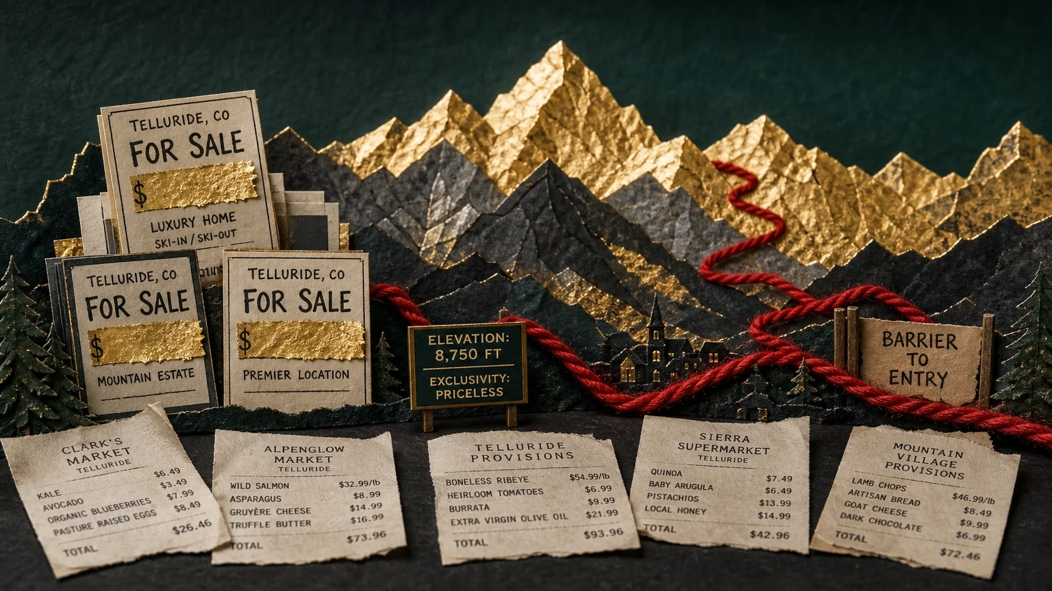 A collage featuring gold-leafed mountains and real estate signs to represent high costs.