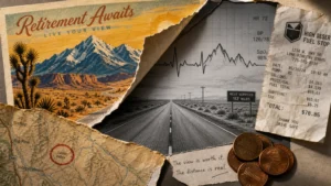 A collage showing a beautiful mountain postcard peeling away to reveal a long road and a medical heart rate line.