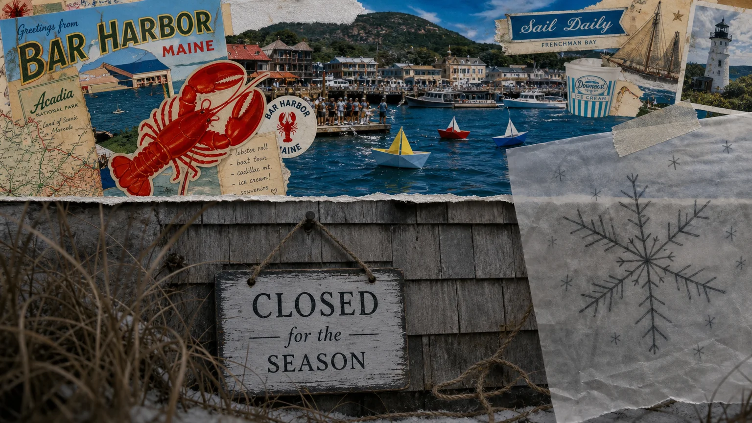 A collage showing a vibrant summer scene above a stark, grey image of a 'Closed for the Season' sign.