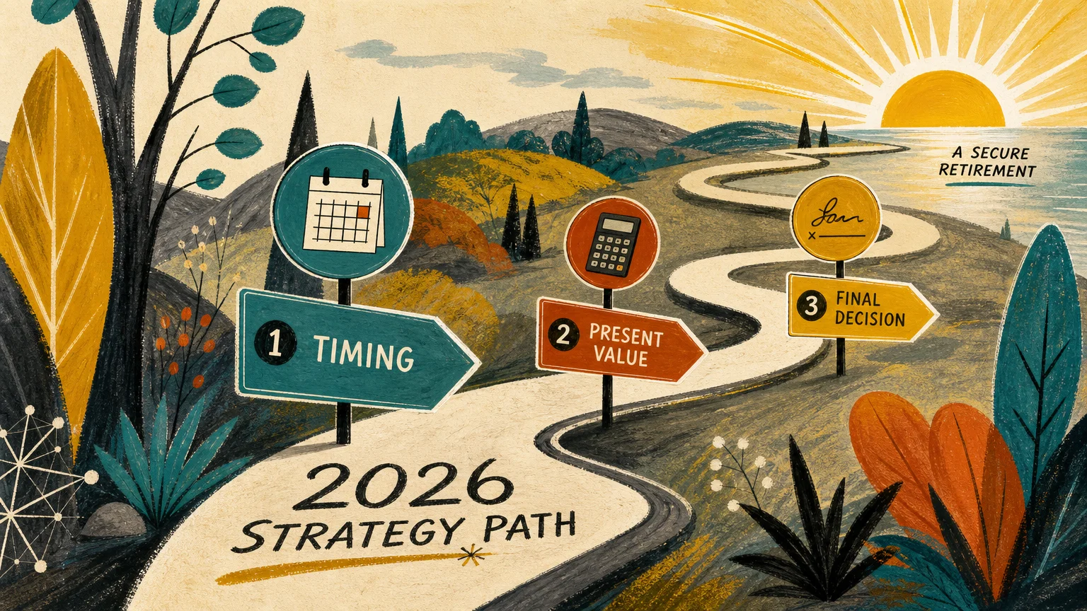 A colorful mid-century style illustration of a path with signposts leading toward a secure 2026 retirement.