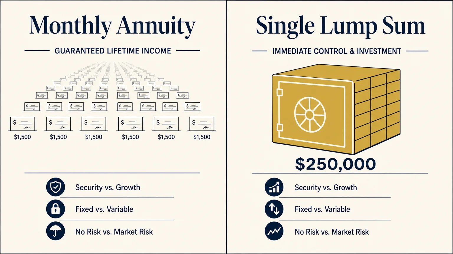 A comparative infographic showing a steady stream of $1,500 monthly payments versus a single $250,000 lump sum.