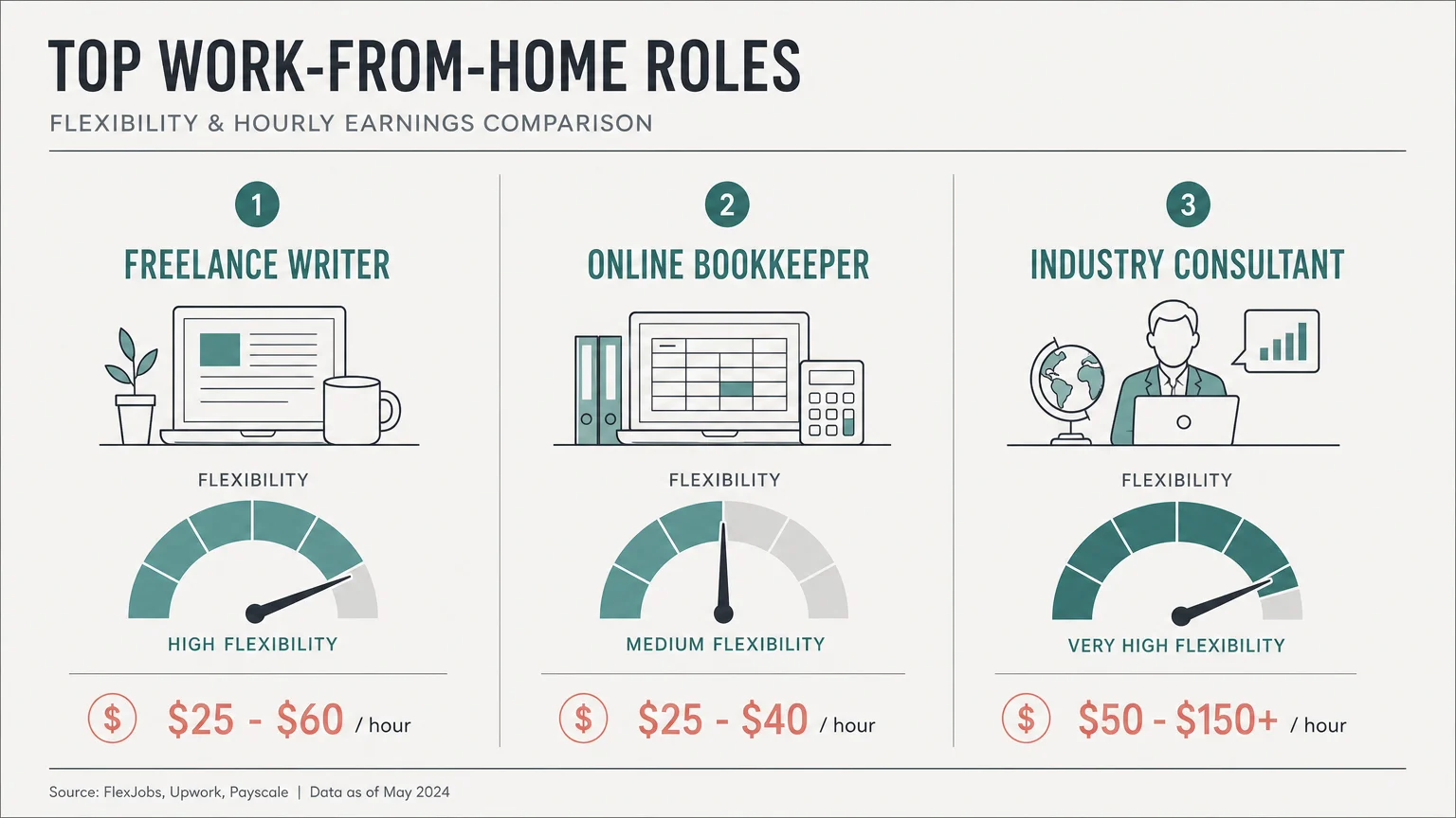 A comparison infographic showing hourly pay rates and flexibility levels for three remote jobs.
