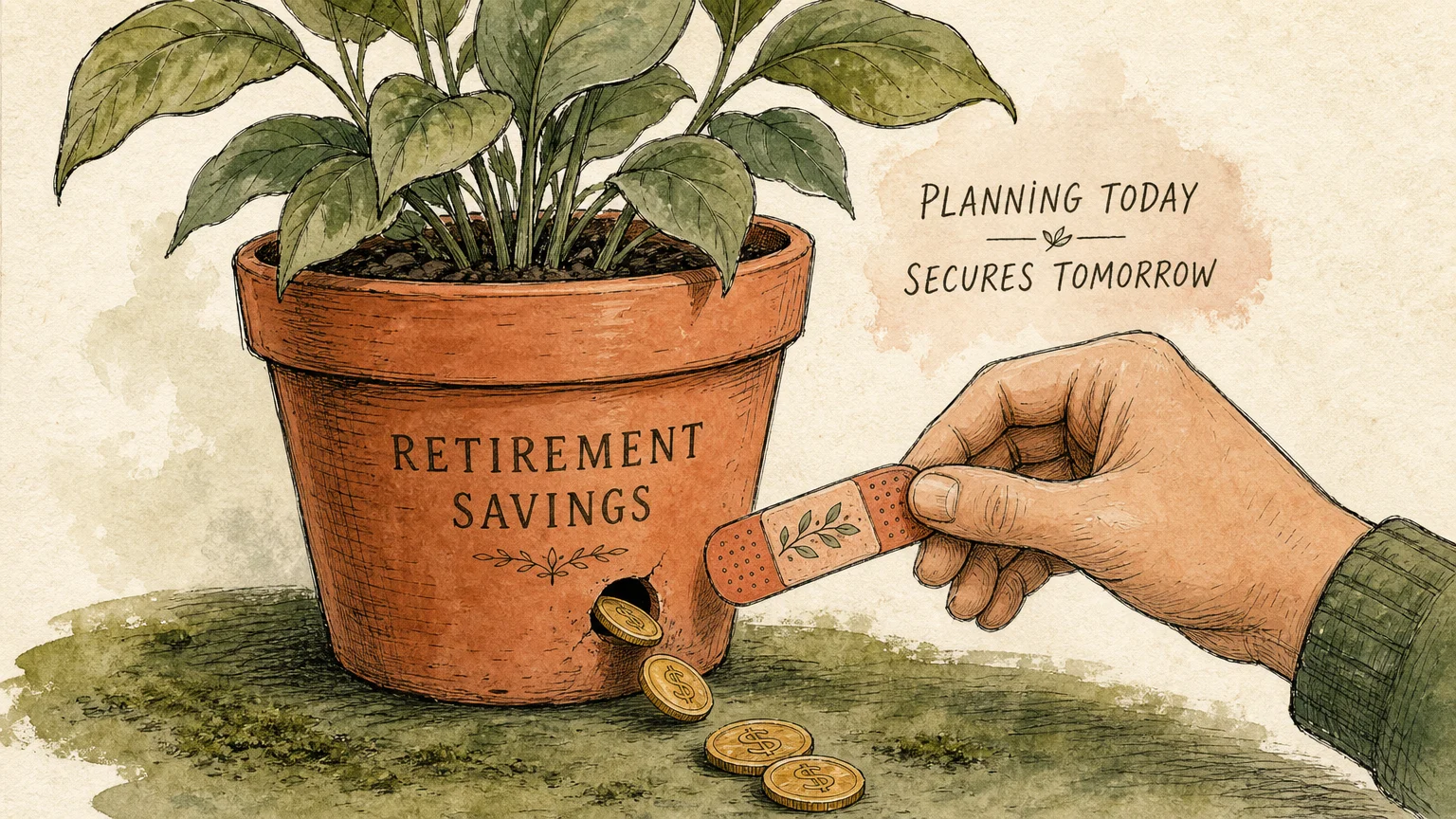 A conceptual gouache illustration of a cracked terracotta plant pot with gold coins slipping out, symbolizing financial leaks.
